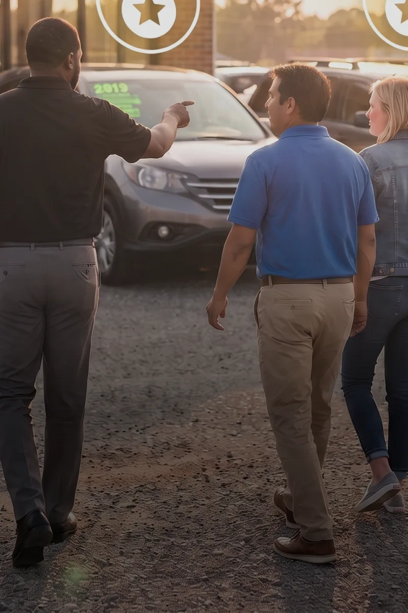 Salesperson showing a couple certified vehicles on the lot