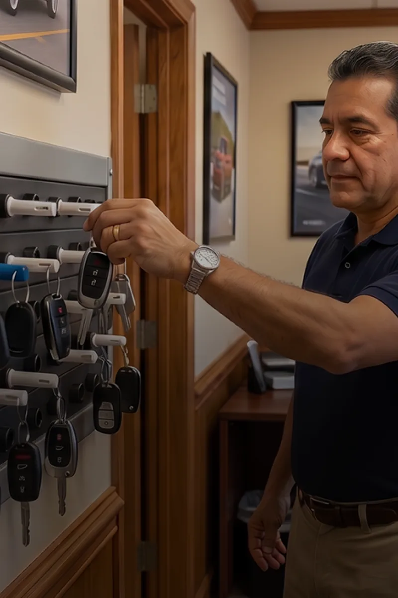 Dealership employee taking keys from a key management board