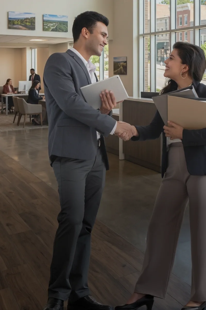 Two professionals shaking hands in a dealership office